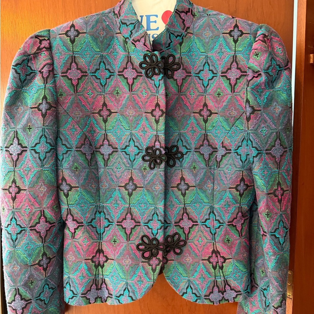 Vintage Multicolor Patterned Brocade Jacket with Mandarin Collar